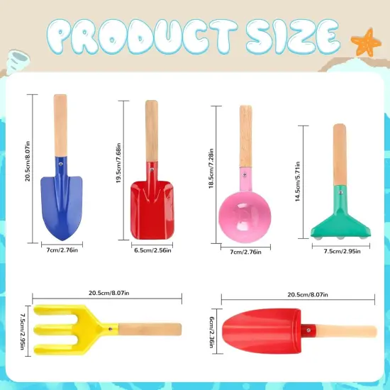 Summer Beach Toys, 6 Pcs Children Beach Sand Toys, 8'' Kids Gardening Set Metal Garden Tools with Sturdy Wooden Handle,Safe Kids Shovel with Cylinder, Spoon, Fork, Rake, Flat Shovel & Pointed Shovel {2}