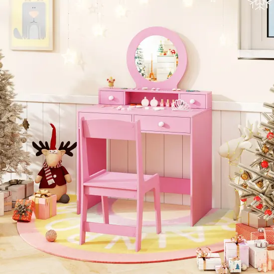 MDF Kids Vanity Set with Acrylic Mirror, Storage and Chair Pink {2}