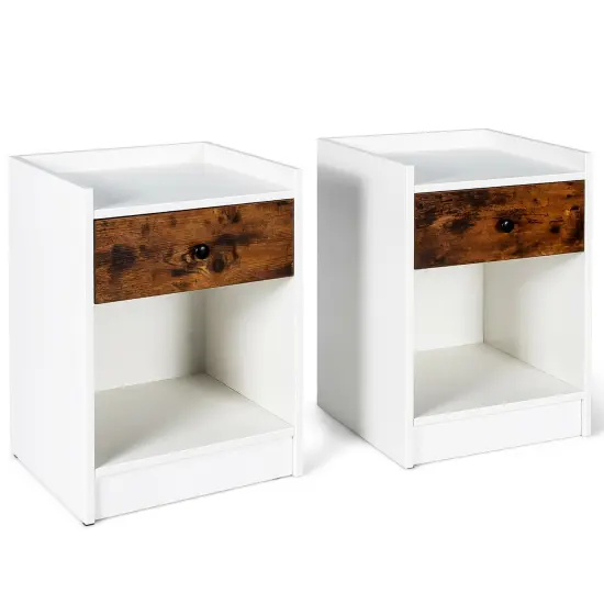 Set of 2 End Side Table Nightstand with Sliding Drawer and One Open Compartment White {7}