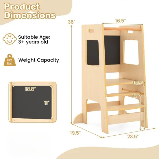 Kids Standing Step Stool Tower with Chalkboards and 2-level Height Adjustable Platform Natural {6}