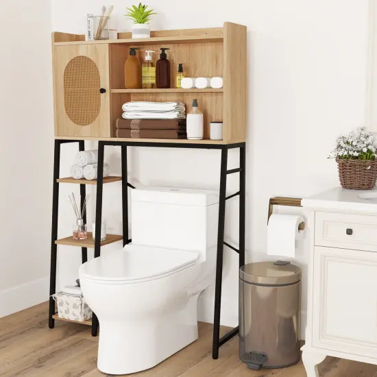 Natural PE Rattan and Engineered Wood Toilet Rack with Adjustable Shelves {3}