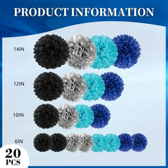 20 PCS Tissue Paper Pom Poms, Tissue Pom Poms Flowers, Sizes of 6", 10", 12", 14" Hanging Paper Flower Ball for Wedding, Birthday, Graduation, Baby Shower Party Decor (Black Silver Blue) {2}