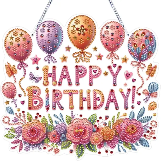 Birthday Party Diamond Art Painting Acrylic Hanging Kit for Adults, DIY Double Sided Special Shaped Diamonds Art Window Pendant Ornament(Happy Birthday) {1}