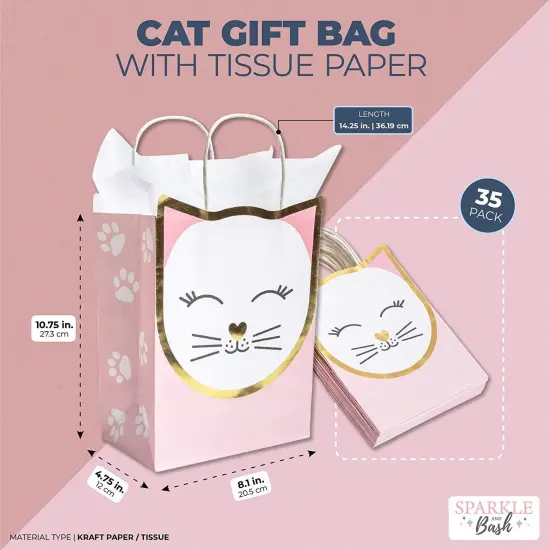 15 Pack Cat Gift Bags for Birthday Party Favors w/ 20 Sheets of Tissue Paper, 8 x 10 x 4.7 in Pink {3}