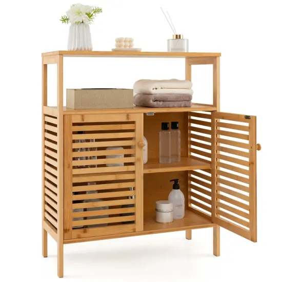 Costway Bamboo Storage Cabinet with Double Louvered Doors Open Shelf & Removable Shelf {1}