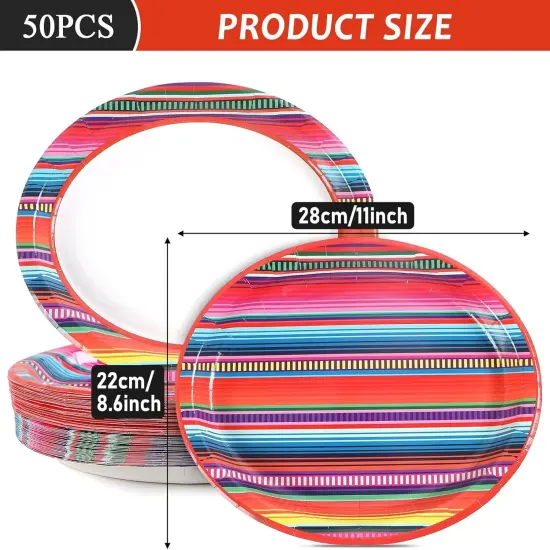 50 PCS Mexican Fiesta Oval Paper Plates Large 11&rdquo; Disposable Fiesta Party Decorations Mexican Floral Stripes Supplies Favor for Cinco De Mayo Dance Pinata Mexico Taco Dinner Party Tableware Set {2}