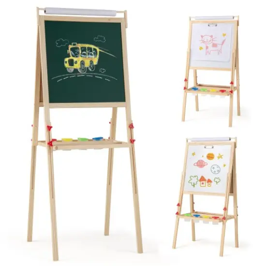 Natural Pine Wood Adjustable Double-Sided Easel with 2 Fabric Storage and Height Adjustment Knob {2}