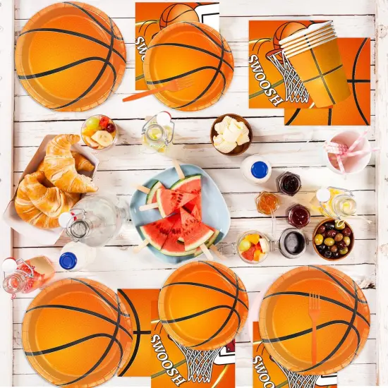 130 Pcs Basketball Party Supplies Basketball Party Decorations Plates Napkins Cups Forks Tablecloth Banner Hanging Swirl for Basketball Birthday Party Decorations, Serves 24 {5}