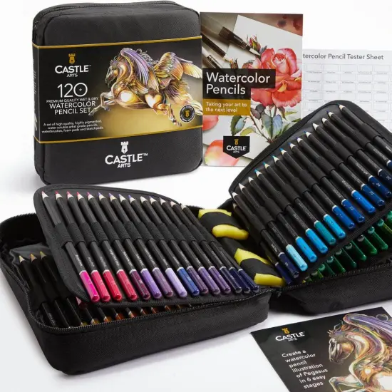 120 Watercolour Pencils Set with Extras | Quality Vibrant Pigments | Draw and Paint at the Same Time | For Adult Hobbyists, Professionals | In Carry-anywhere Travel Case {1}