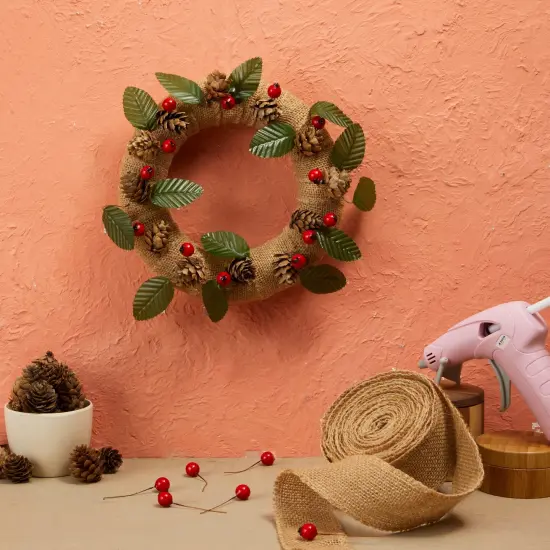 8 inch Wreath DIY Kit with 2 Craft Foam Rings, Burlap Ribbon, Berries, Pinecones (75 Pieces Set) Brown {2}