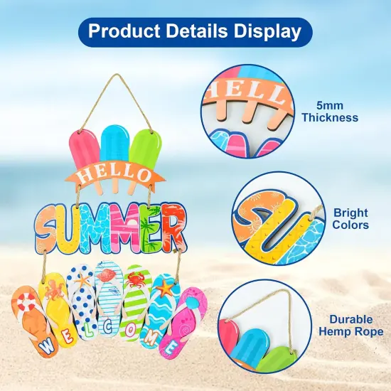 Summer Door Wreath Flip Flop Hanging Sign Ice Lolly Welcome Sign Rustic Wood Wreath for Front Door Outside Summer Home Decorations {5}
