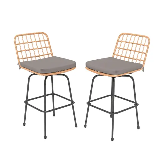 Set of 2 Patio Swivel Barstools with Soft Seat Cushions and Reinforced Metal Frame {1}