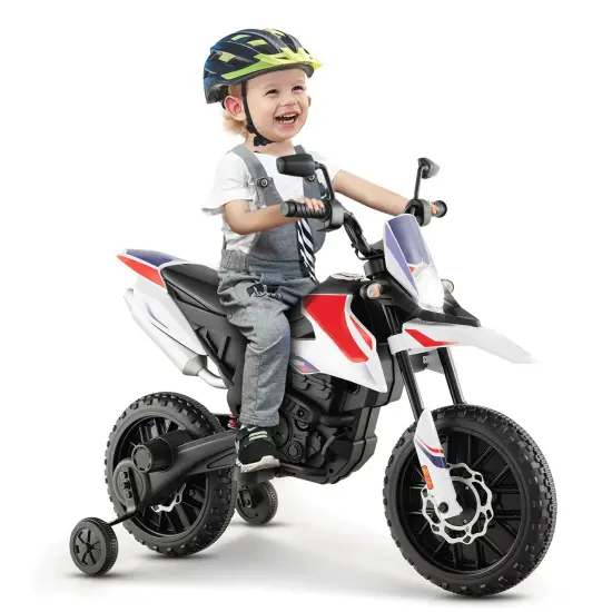 Metal 12V Kids Motorcycle with Dual Motors, Music and Training Wheels White {3}
