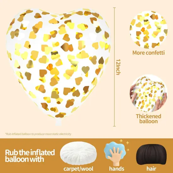 Gold Heart Confetti Balloons 30 Pcs, 12 Inch Clear Heart Latex Balloon with Heart Confetti Inside for Wedding Anniversary Birthday Party Valentine Baby Shower Bridal Shower Decorations Supplies {2}