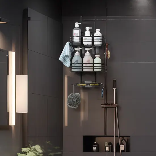 3-Tier Hanging Shower Caddy with 4 Hooks &ndash; Rustproof Waterproof Bathroom Organizer, No-Drill Shower Shelf for Shampoo, Soap, Towels {5}