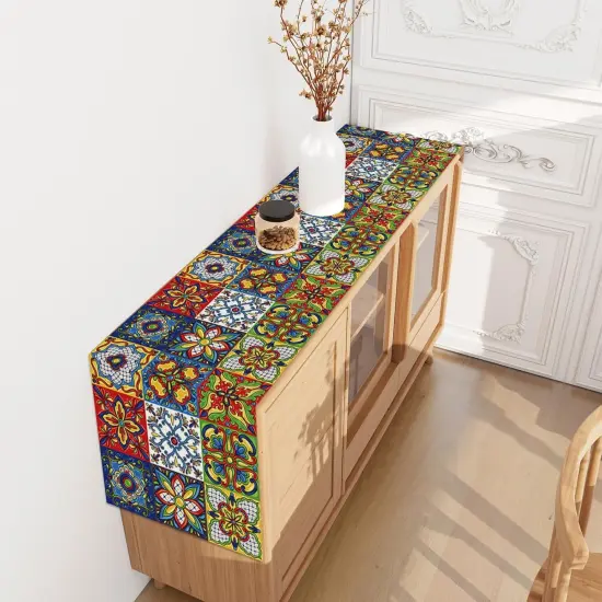 Linen Mexican Talavera Ceramic Tile Table Runner 72 Inches Long Mexican Fiesta Tablecloth Cinco De Mayo Party Decoration and Supplies for Table {1}