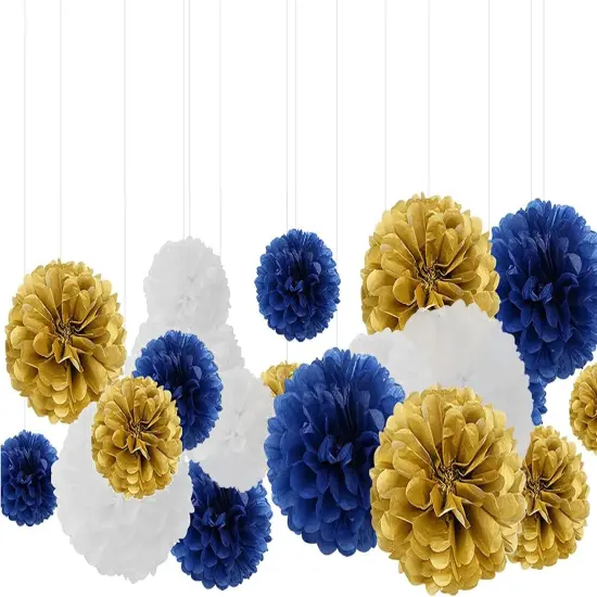 12 Piece Pom Pom Party Kit in Navy Blue, Gold & White: Party, Wedding & Nursery Decoration {1}