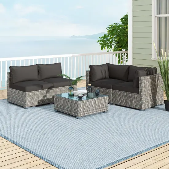 5-Piece Outdoor Patio Furniture Set Including Coffee Table and 4 Rattan Chairs with Cushions Black {6}