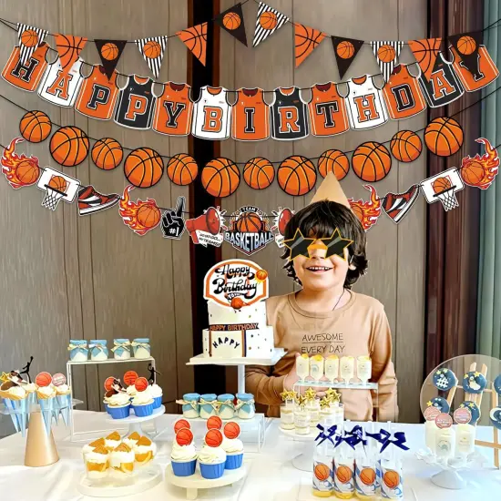 Basketball Happy Birthday Banners, Basketball Party Decorations, Basketball Garland Bunting, Basketball Theme Party Decorations, Birthday Photo Prop Pennant for Boys {4}