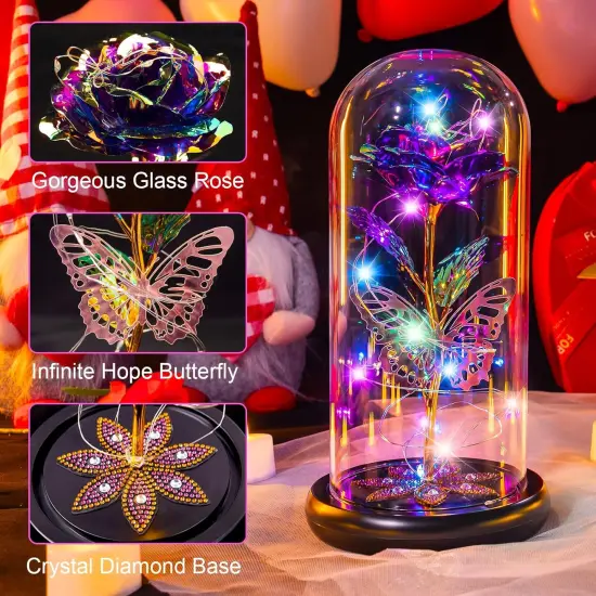 Mothers Day Rose Gifts for Mom, Galaxy Glass Rose Flower Gifts Forever Eternal Crystal Light Up Rose in Glass Dome with Butterfly Mother&rsquo;s Day Birthday Gifts for Women Mom Wife Daughter Sister Purple {2}