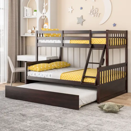 Pine Wood Twin Over Full Bunk Bed with Trundle, Guardrails and Ladder Espresso {3}