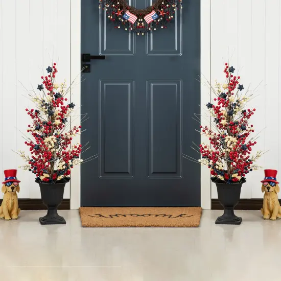 Set of 2 36"H Patriotic / Americana Lighted Berry and Stars Urn Porch Trees, 20 Warm White Lights with timer {1}