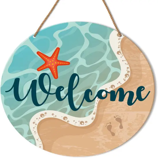 Beach Welcome Sign for Front Door, Summer Beach Welcome Sign Decor for Home Door Coastal House Front Porch Sea Wall Decorations Wooden Hanging Sign {1}