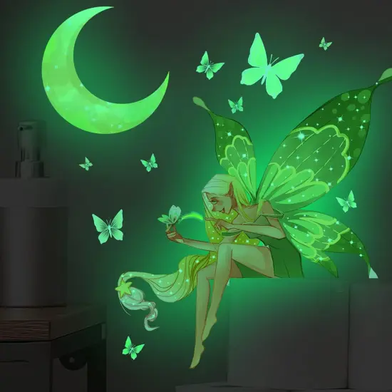 Glow in The Dark Butterfly Fairy Wall Sticker Luminous Moon Butterflys Wall Decals Cartoon Flower Fairy Princess Wall Stickers for Girls Bedroom Nursery Living Room Classroom Ceiling Decor Kids Gift {1}