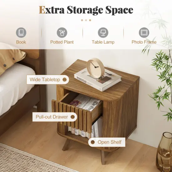 Walnut MDF Nightstand with Drawer and Open Shelf for Bedroom {6}