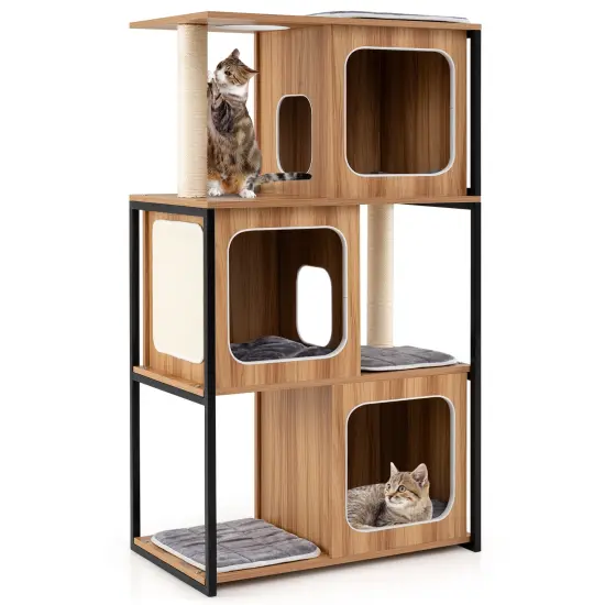 Natural Gray Engineered Wood Multi-Level Cat Tower with Metal Frame {1}
