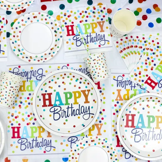 212 PCS Rainbow Party Supplies - Colorful Balloons, Polka Dot Banner, Fringe Curtains, Cake Topper, Plates, Napkins, Cups and Tablecloth for Kid Confetti Sprinkle Party Decorations, Serve 20 Guests {4}