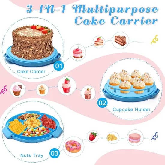 Cake Carrier with Lid and Handle 11inch Round Cake Carrier Portable Cake Stand Plastic Pie Carrier Cake Storage Container for Transport Cakes, Pies (Blue) {3}