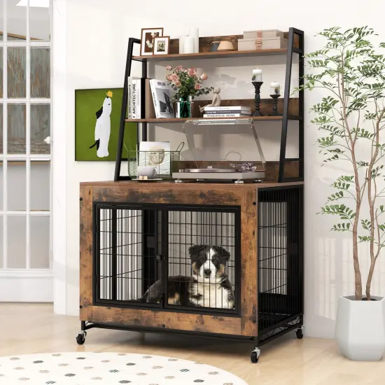 MDF Metal Dog Crate with Storage Shelves and Wheels and Flip-Top Rustic Brown {2}
