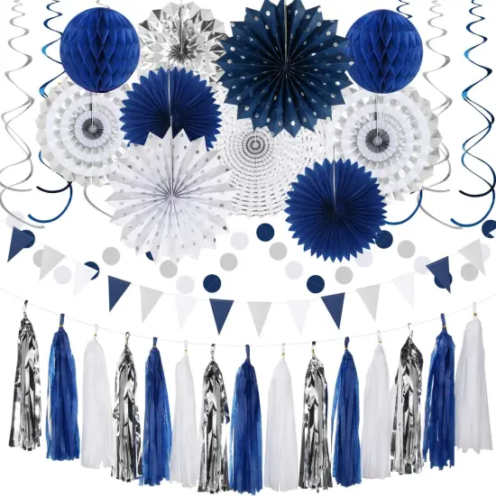 Navy-Blue White-Silver Graduation Party-Decorations - 33pcs Kits Banner, Streamers Tassel Garland,Tissue Pom Poms Honeycomb, Paper Lantern Fans,Wedding Birthday Baby Shower Backdrop Decor Hugtmr {1}