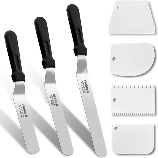 3 Pieces Professional Angled Offset Frosting Spatulas with 6", 8", 10" Stainless Steel Blades & 4 Pack Cake Smoother Scraper for Cake Decorating, Baking & Pastry (Set of 7) {1}