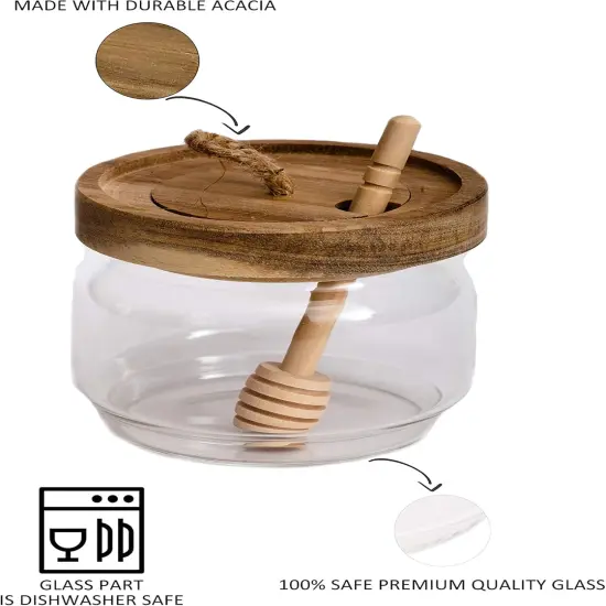 Honey Jar Pot Glass Holder Dispenser Set with Wooden Dipper Stick and Acacia Lid Cover for Home Kitchen, Clear, Modern Honey Syrup Glass Container for Storage Gift, Honey Pot and Drizzler (9 Oz) {3}