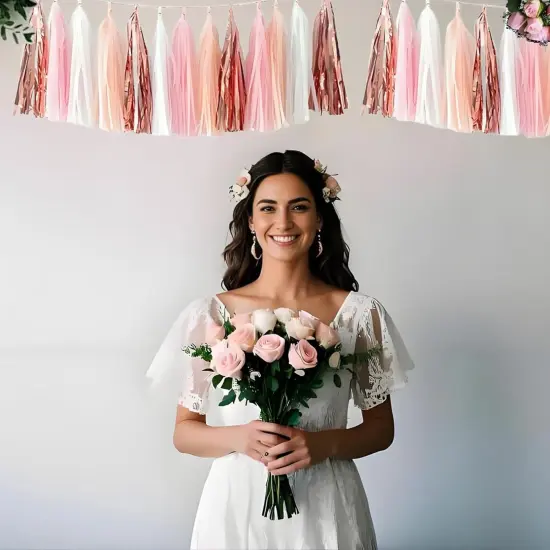 Shiny Tassel Garland Tissue Paper Tassel Banner,Table Decor,Tassels Party Decorations Supplies for Wedding,Birthday,Bridal/Baby Shower,DIY Kits,Pack of 20 - (Rose Gold/Light Pink/Peach Color/White) {5}