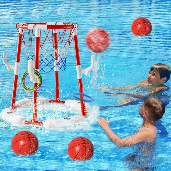 Pool Basketball Hoop Toys for Kids Ages 4-8 8-12 Adult, Summer Outdoor Swimming Pool Games Water Play Toys Family Party for Teens, 2in1 Pool Basketball Hoop & Rings Game with 4 Balls 12 Rings and Pump {3}