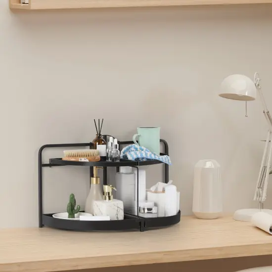 2-Tier Rotating Metal Countertop Organizer - Rust-Proof Bathroom & Kitchen Storage Shelf with Foldable Design, Large Space-Saving Semicircle Shelves {6}
