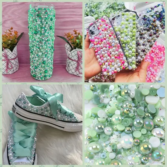 50g Mix Flatback Rhinestones Half Pearls for Crafts Mixed Size 3mm-10mm Flat Back Rhinestones for Crafts Flatback Pearls for DIY Tumblers Mugs Nail Art Shoes Clothes (Fresh Green Series) {4}