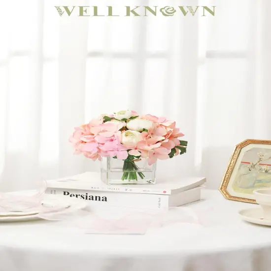 Fake Hydrangea Ranunculus Flowers in Vase, Artificial Flowers with Vase, Faux Silk Flowers in Vase Centerpiece for Home Office Hotel Wedding Party Dining Table Decor & Gift (Pink) {2}