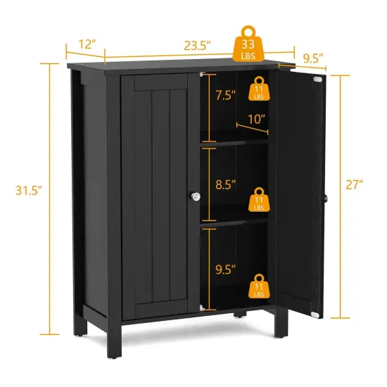 MDF Floor Cabinet with Adjustable Shelves and Double Doors Black {3}