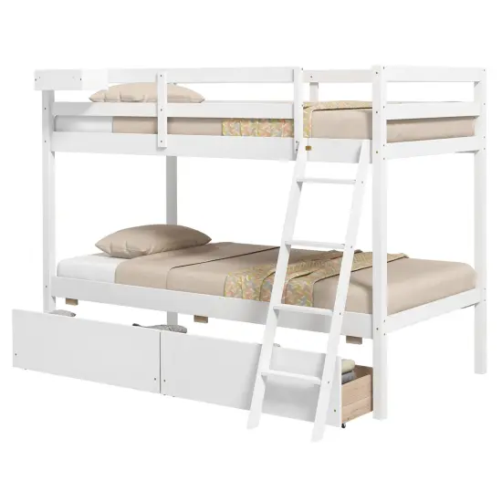 Twin Over Twin Bunk Bed with 2 Storage Drawers and Ladder Pine Wood White {3}