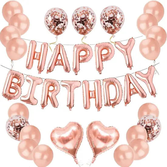40 pcs Pink Rose Gold Birthday Decorations, 3D Mylar Foil Happy Birthday Banner and 18 inch Big Heart Star Confetti Latex Balloons {1}