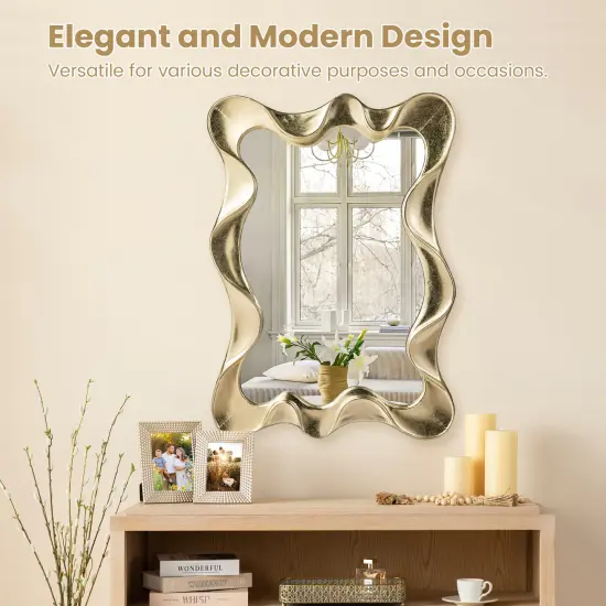 Set of 2 34.25"H Modern Gold Foil Metal Frame Wavy Wall Mirror {6}