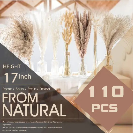130PCS Natural Dried Pampas Grass Boho Home Decor Bouquet Phragmites Dried Flowers Bouquet for Wedding Floral Arrangements Home Decorations (130PCS) {4}