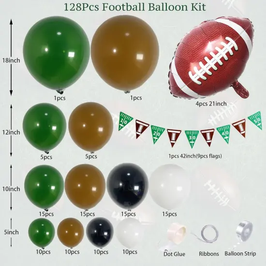 128Pcs Football Party Balloon Arch Garland Kit: Dark Green, Brown, White & Black Balloons with Football Foil Balloon and Banner for Super Bowl Party, Game Celebrations & Sports Themed Events {2}