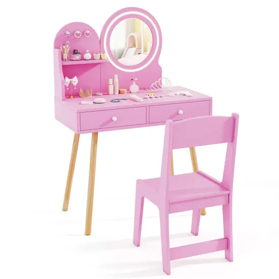 MDF and Pine Wood Kids Princess Dressing Desk with LED Mirror, Storage and Chair White {7}
