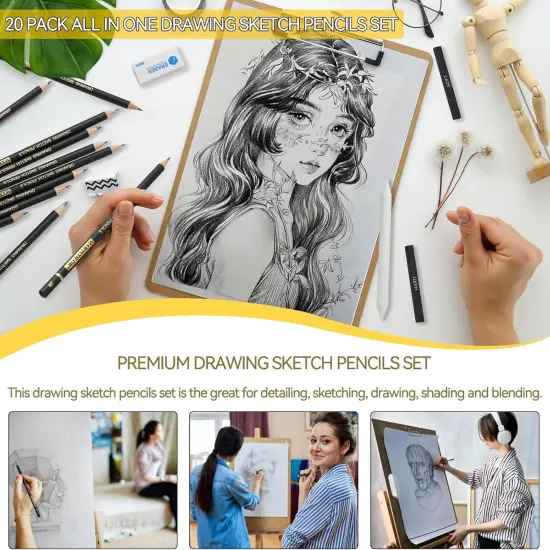 Drawing Sketching Pencil Set, 20 Pieces, Graphite Pencils (14B-4H), Charcoal Sticks, Stump, Eraser, Sharpeners, Ideal for Drawing Art, Sketching, Artist Pencils for Beginners & Pro Artists {5}