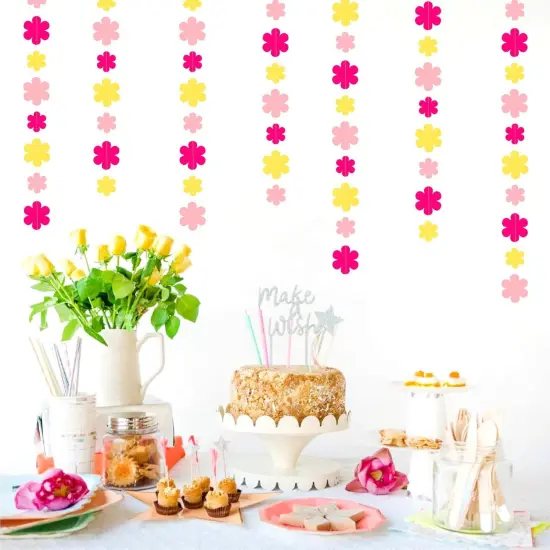 Hot-Pink Yellow Fall Party-Decorations Streamers-Garland - 52ft Boho Flower Hanging Paper Banner, Groovy Birthday Baby Bridal Shower Bachelorette Wedding Classroom Decor {3}